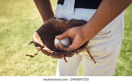 Baseball, glove or hands of man in sports on field of stadium for training, practice or workout. Fitness, mitt closeup or athlete ready to challenge in park for playing competition, exercise or match - Powered by Shutterstock