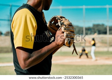 Baseball, hands and mit of pitcher on field for start of competition, game or tournament from back. Exercise, fitness and team sports with athlete or player at venue for competition or challenge