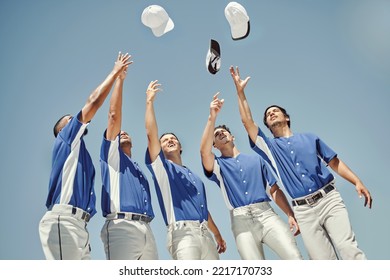 Baseball, Hats And Team In Celebration At A Game, Solidarity For Sports And Support For Partnership. Group Of Athlete Friends Throwing Caps For Success, Win And To Celebrate Their Teamwork In Sport