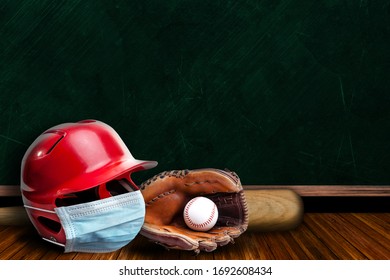 Baseball helmet wearing surgical mask on a background chalk board with copy space for text. Concept of COVID-19 coronavirus pandemic affecting baseball season due to game or league suspensions.