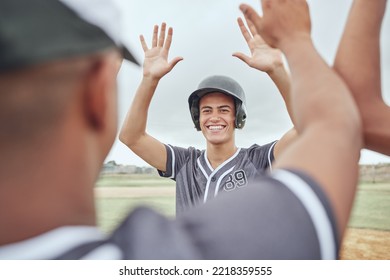 Baseball, high five and team in celebration after win in a game, match or practice. Teamwork, happiness and players celebrating after winning, success and support in sports together on baseball field - Powered by Shutterstock