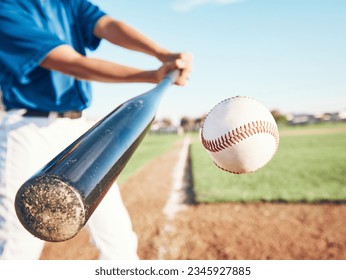 Baseball, hit and person on field for in closeup training, sports and fitness in outdoor competition. Hands, ball and bat softball player with power strike at stadium for action, speed or performance - Powered by Shutterstock