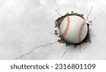 A baseball hits through a cement wall. concept of strength