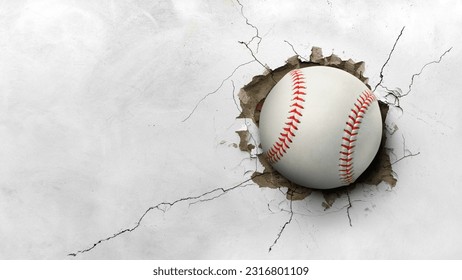 Un béisbol golpea a través de una pared de cemento. concepto de fuerza