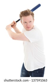 Baseball as a hobbie. Young man wearing a white shirt ready to hit. White background.