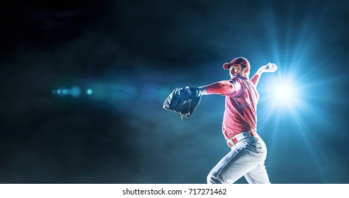 Baseball male player performs a dramatic play on the dark background. He wears unbranded sport clothes. The background is made in 3D.