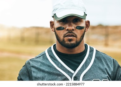 Baseball, Man And Paint Face Portrait, Eye Black Or Grease To Reduce Sun Glare During Training, Competition Or Exercise. Fitness, Workout And Male From India With Face Paint For Practice Outdoors.