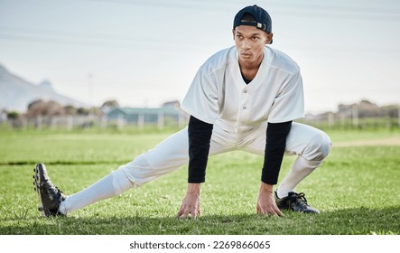 Baseball, man and stretching on field, fitness and training for match, wellness and healthy lifestyle. Male athlete, player and guy stretch, exercise and practice for competition, park and balance - Powered by Shutterstock