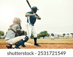 Baseball man, team training game and baseball player baseball bat to hit softball ball on pitch. Professional USA athlete, focus and motivation on sport field for fitness workout on stadium ground