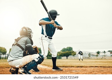 Baseball man, team training game and baseball player baseball bat to hit softball ball on pitch. Professional USA athlete, focus and motivation on sport field for fitness workout on stadium ground - Powered by Shutterstock