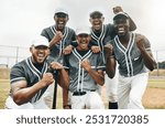 Baseball, motivation and winner with a team in celebration of success or victory on an outdoor grass pitch or field. Exercise, training and health with a baseball player group celebrating together