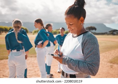 Baseball notes, sports game and woman in collaboration with team on field, writing strategy for performance in competition and planning goal on paper. Sport coaching leader working on plan at match - Powered by Shutterstock