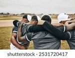 Baseball people and sport team strategy in huddle at game on field for motivational support. Professional men athlete softball group prepare to play outdoor tournament in teamwork collaboration talk