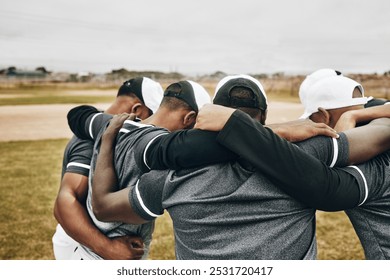 Baseball people and sport team strategy in huddle at game on field for motivational support. Professional men athlete softball group prepare to play outdoor tournament in teamwork collaboration talk - Powered by Shutterstock