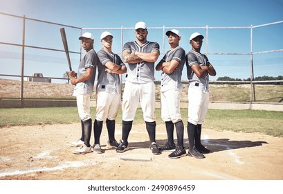 Baseball, pitch and game for team with bat, training or fitness on field for practice. Coach, serious or male athlete people for sports exercise on grass, softball or competition in stadium in summer - Powered by Shutterstock