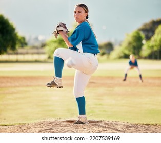 Baseball pitcher, ball sports and a athlete woman ready to throw and pitch during a competitive game or match on a court. Fitness, workout and exercise with a female player training outside on field - Powered by Shutterstock