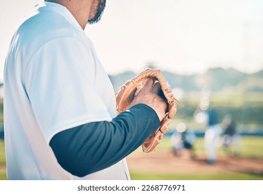 Baseball, pitcher and fitness with man on field for throwing, training and practice in competition match. Workout, focus and skills with athlete playing in park stadium for exercise, league and game - Powered by Shutterstock