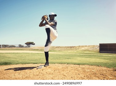 Baseball, pitcher and sports man in match on field of stadium for training, practice or workout. Fitness, outdoor and athlete ready to throw ball in game in park for competition, exercise or game - Powered by Shutterstock