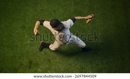 Baseball pitcher top view throwing motion with rotational power and arm extension. Concept of body mechanics, professional training, sports science visualization for analysis and coaching.