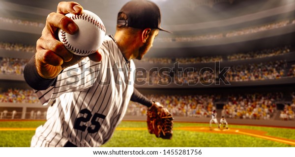 Baseball\
player in action on a professional\
stadium