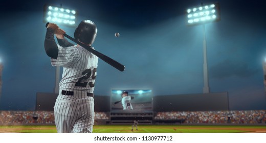 Baseball player bat the ball on professional baseball stadium