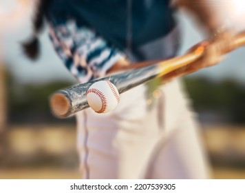 Baseball Player, Bat And Ball While Swinging During Sports Game, Match Or Training Outside. Closeup Of A Fit Female, Professional Athlete And Hands Of A Competitive Woman Playing In A Competition