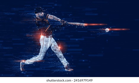 Baseball player with bat taking a swing on grand arena. Ballplayer on dark background in action. - Powered by Shutterstock