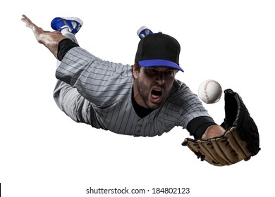 Baseball Player In A Blue Uniform, On A White Background.