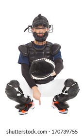 Baseball Player , Catcher Showing One Secret  Signal Gesture