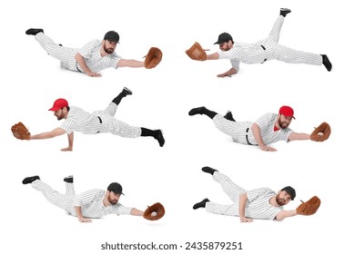 Baseball player catching ball on white background, set of photos - Powered by Shutterstock