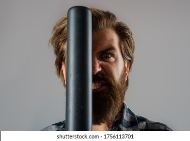 Baseball Player. Close Up Portrait Of Bearded Man With Baseball Bat. Man Swung The Bat. Baseball. Sport Bat. Sport Equipment.