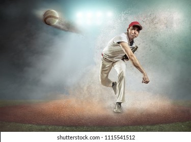 Baseball player in dynamic action around splash drops under stadium lights in evening match day.