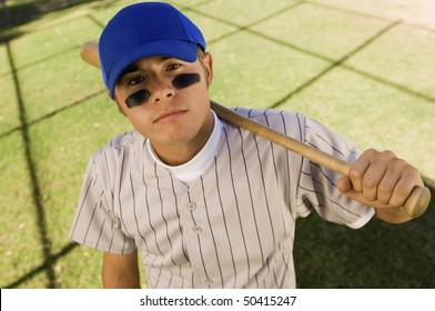 Baseball Player With Eye Black, Holding Baseball Bat On Shoulder, (portrait), (elevated View)