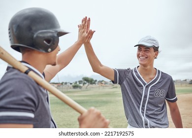 Baseball Player, High Five And Team Motivation For Sport Match, Game Or Competition With Success Gesture To Celebrate Win. Happy Team, Winning And Teamwork With Men Friends Training On Softball Field