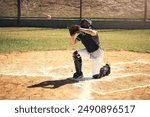 Baseball player, man and catcher with glove in game on field in helmet, safety or contest. Person, sports and ready for pitcher, training and workout for competition, fast ball and fitness in summer