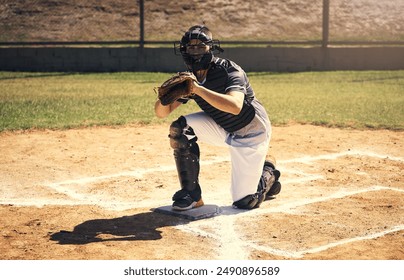 Baseball player, man and catcher with glove on field for game in helmet, safety or contest. Person, sports and ready for pitcher, training or workout for competition, tournament or fitness in summer - Powered by Shutterstock