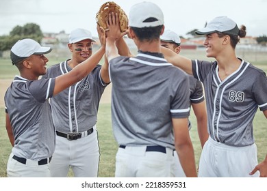 Baseball player men hands connect for teamwork, motivation and mission on sports field. Group of people, community or athlete male standing together for competition with sunshine lens flare outdoor - Powered by Shutterstock