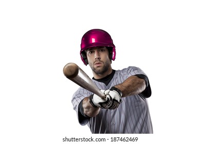 Baseball Player In A Pink Uniform, On A White Background.