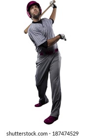 Baseball Player In A Pink Uniform, On A White Background.