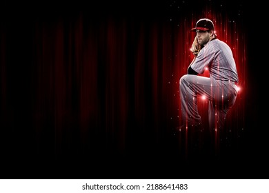 Baseball Player, pitcher, in a red uniform, on a black and red background.