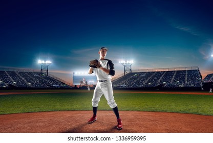 Baseball Player Professional Baseball Stadium Evening Stock Photo 