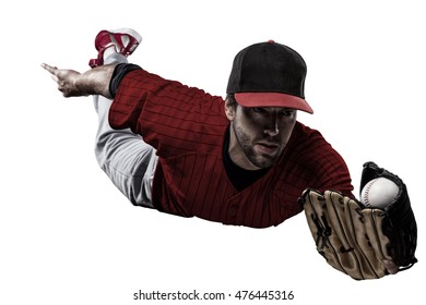 Baseball Player With A Red Uniform On White Background.