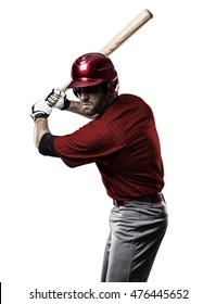 Baseball Player With A Red Uniform On White Background.