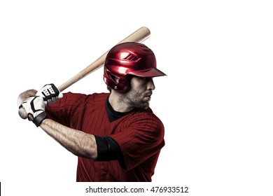 Baseball Player With A Red Uniform On White Background.