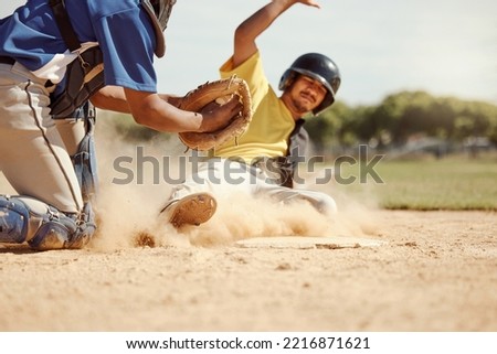 Baseball player, run and slide in dirt for game, contest or match on field, pitch or stadium. Man, baseball and dust in sand for sports to reach base fast for win, competition and sport in summer ストックフォト © 