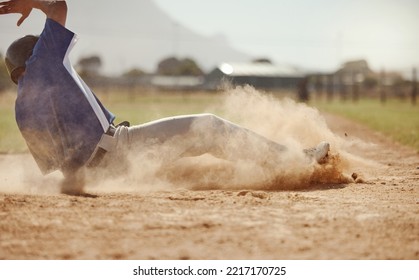 Baseball, baseball player running and diving for home plate in dirt during sport ball game competition on sand of baseball pitch. Sports man, ground slide and summer fitness training at Dallas Texas - Powered by Shutterstock