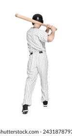 Baseball player taking swing with bat on white background, back view