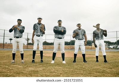 Baseball player, team and baseball field, fitness and sport, sports equipment, athlete ready and motivation. Young, men and athlete, focus and serious in portrait, solidarity and confident for game. - Powered by Shutterstock