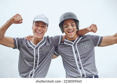 Baseball Player, Teamwork And Celebration For Win, Champion And Teamwork For Sports Game With Fist Gesture For Winning. Athlete Portrait And Professional Sport Of Softball Men With Positive Mindset