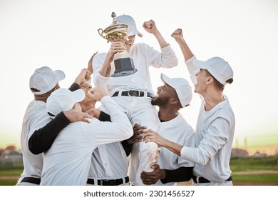 Baseball player, trophy and men winning competition, game or sports goals, success and victory award. Happy group of people or winner celebration, fist pump and achievement congratulations together - Powered by Shutterstock